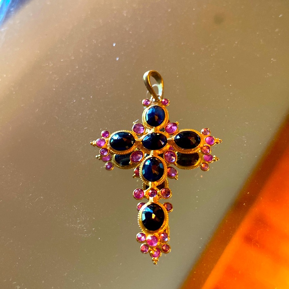 12 k Gold Cross with Sapphires and Rubies - Picture 1 of 6